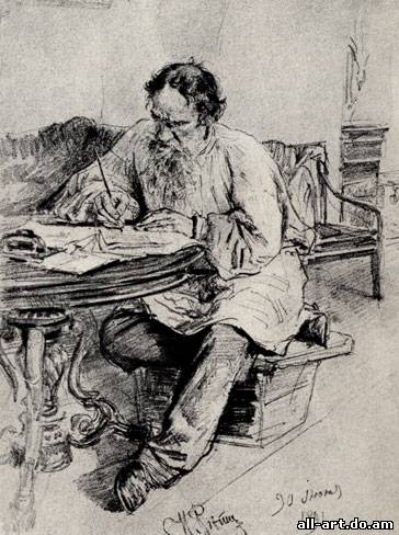 7. И. Репин. Л. Н. Толстой за работой. 1891. Карандаш