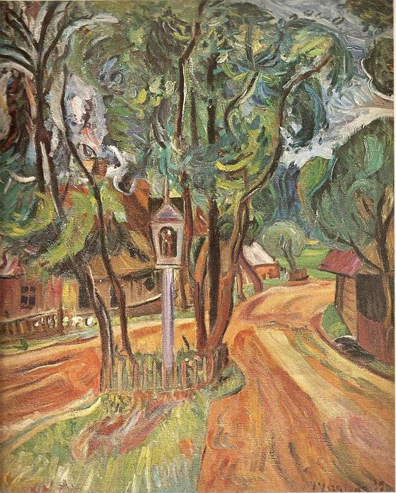 Викторас Визгирда. Деревенская улочка с коплит-столбом. 1939 г.
