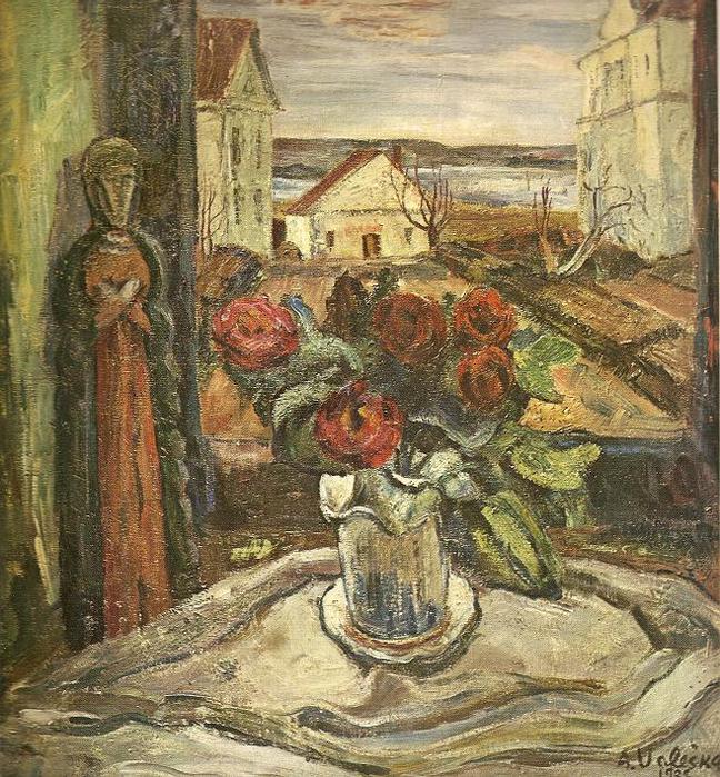 Адольфас Валяшка. Натюрморт на фоне пейзажа. 1938 г.